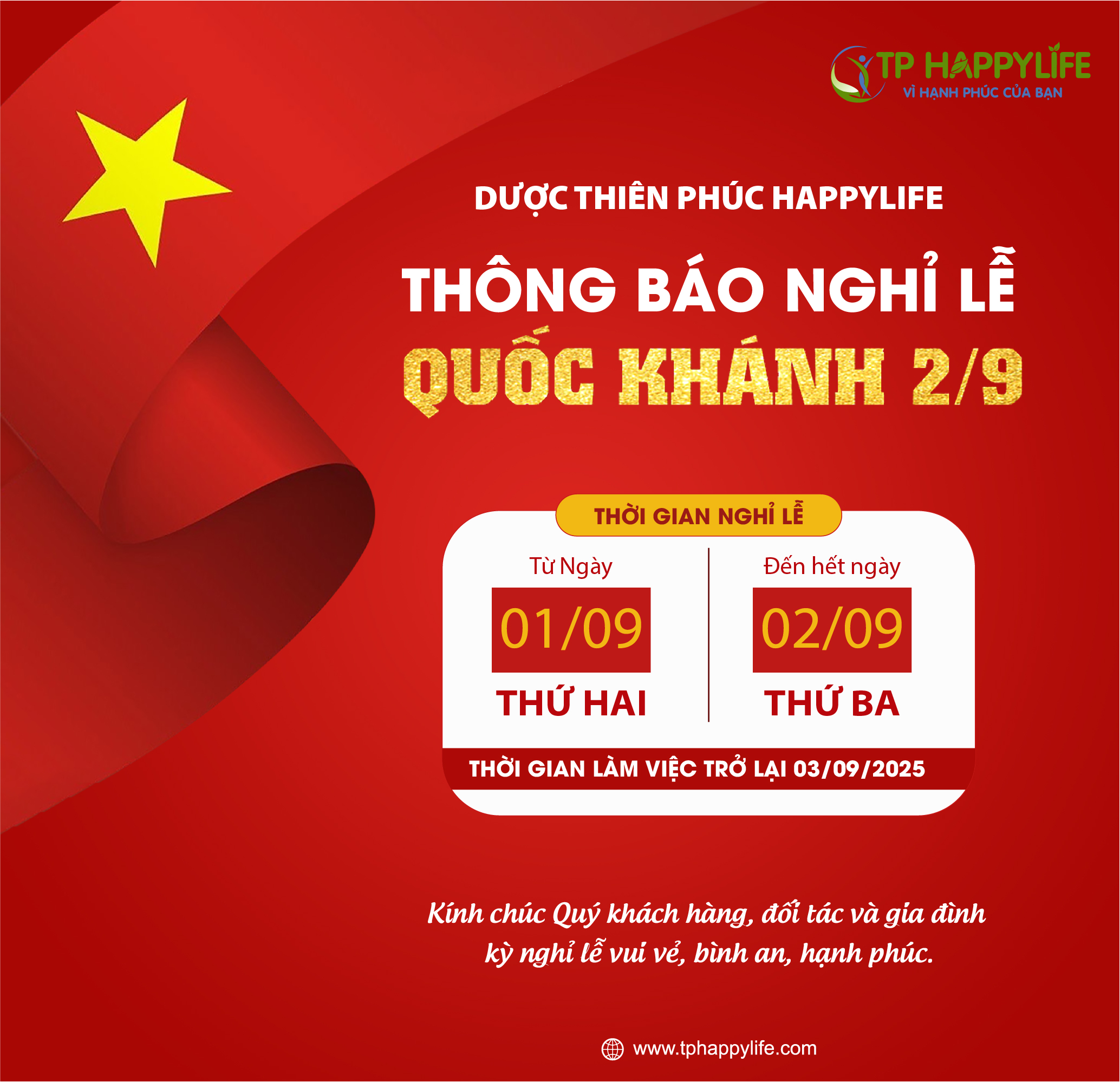Kính gửi Quý khách hàng và Quý đối tác LỊCH NGHỈ LỄ QUỐC KHÁNH 2/9